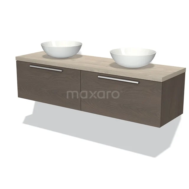 Holz Badezimmermöbel mit zwei weißen Aufsatzwaschbecken, modernes Design, silberfarbene Haltegriffe, ideal für ein stilvolles Badezimmer.