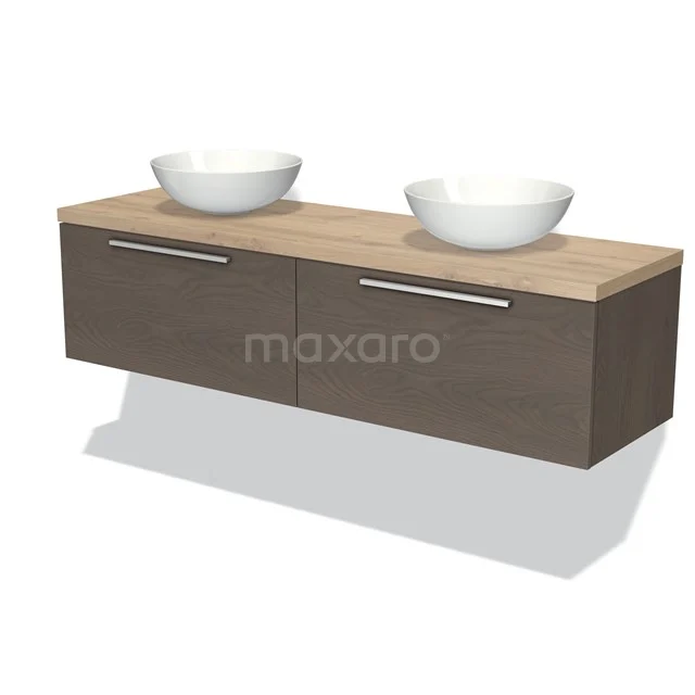 Holz Badezimmermöbel mit Doppelwaschbecken, moderne schwebende Ausführung, dunkle Eiche und weiße Keramikkellen.