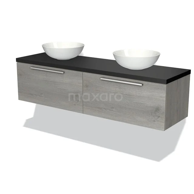 Graue schwebende Badmöbelset mit schwarzer Platte und zwei weißen Aufsatzwaschbecken, modernes Design und Holzoptik.