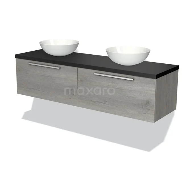 Graue schwebende Badmöbelset mit schwarzer Platte und zwei weißen Aufsatzwaschbecken, modernes Design und Holzoptik.