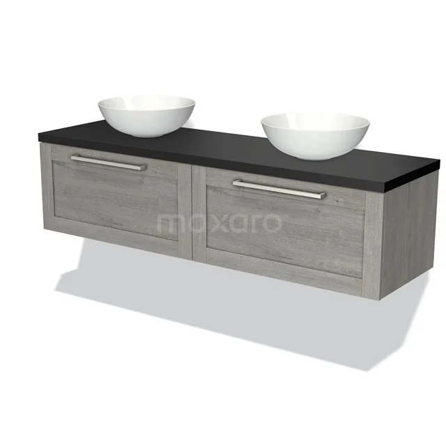 Grey hanging bathroom furniture set with two countertop wash basins, black top and wood grain design, ideal for modern bathrooms.