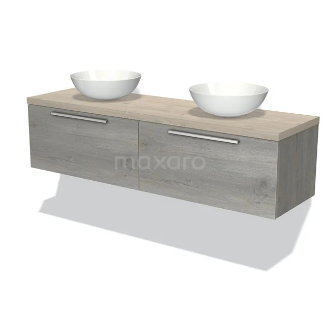 Badmöbel für Waschtischunterschrank mit Konsole 160cm Modulo Plato Grau Eiche 2 Schubladen Flach hellgraue Eiche Platte BMK12-01091 Holz-Badmöbel in grauer Eiche-Optik, mit zwei weißen Waschbecken und chromfarbenen Haltegriffen, modernes Design für stilvolle Bäder.