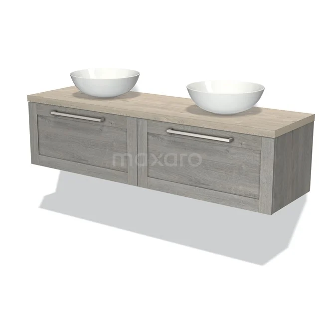 Modulo Plato Badmöbel mit Aufsatzwaschbecken | 160 cm Graue Eiche Rahmen front Hellgraue Eiche blatt 2 nebeneinanderliegende Schubladen BMK12-01092 Holz Badezimmermöbel mit Doppelwaschbecken, moderne Wandmontage und tiefen Schubladen, perfekt für stilvolle Badezimmer.