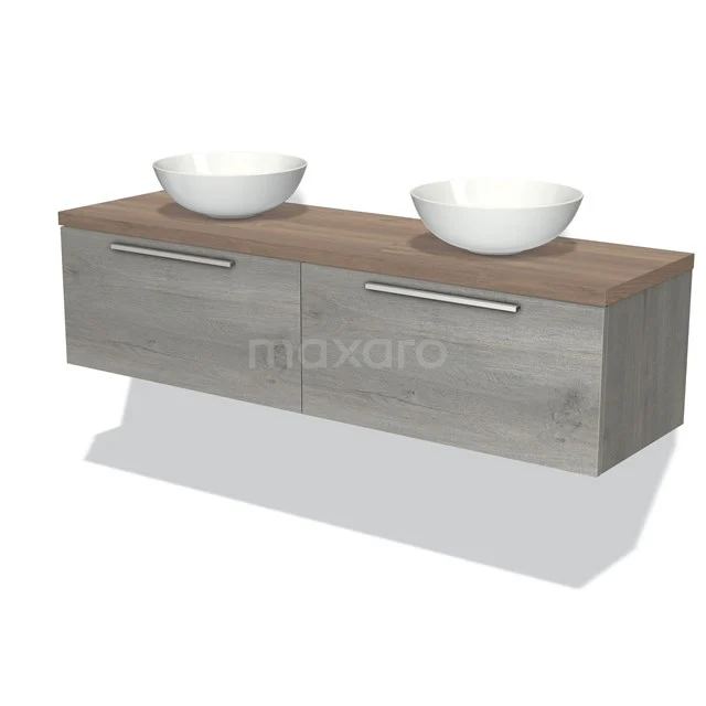 Modulo Plato Badmöbel mit Aufsatzwaschbecken | 160 cm Graue Eiche Flach front Mittelbraune Eiche blatt 2 nebeneinanderliegende Schubladen BMK12-01095 Stilvolles Holz-Badmöbel mit zwei weißen Aufsatzwaschbecken, modernem Design und Stauraum, perfekt für jedes Badezimmer.