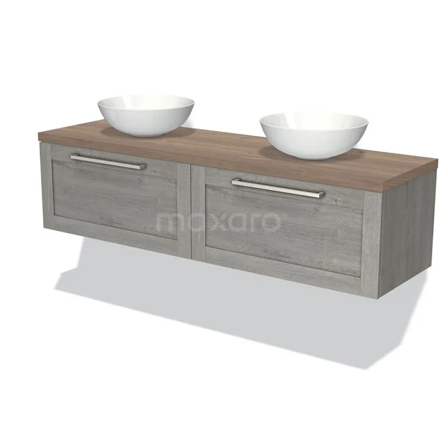 Holz-Waschtisch mit grauen Schubladen und zwei weißen Schalen, perfekt für einen modernen Badezimmerstil.