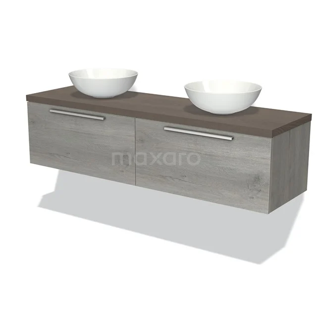 Zwevend Badmöbel Holzoptik mit doppelten Aufsatzwaschbecken, grauen Schubladen und chromfarbenen Griffen; moderne Badezimmerlösung.