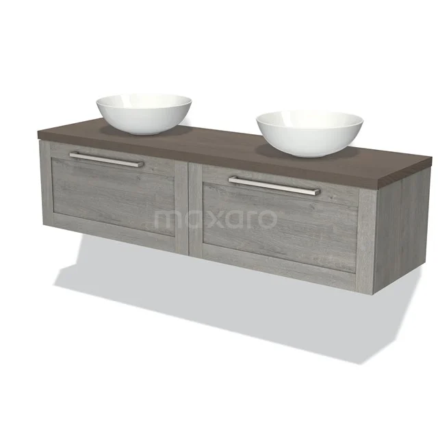 Grey wooden bathroom unit with two drawers, dark wood worktop and double white countertop wash basins, modern and stylish design.
