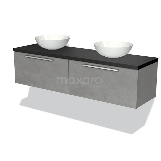 Grauer Badschrank mit zwei weißen Aufsatzwaschbecken, modernes schwebendes Design, schwarze Oberplatte aus poliertem Material.