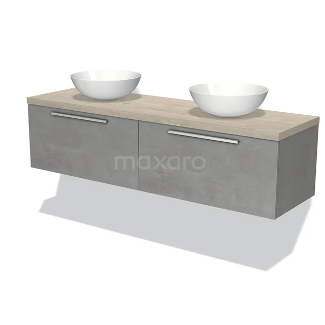 Doppelwaschbeckenmöbel mit Betonlook Schubladen, Holzoberplatte und weißen Aufsatzwaschbecken, ideal für stilvolle Badezimmer.