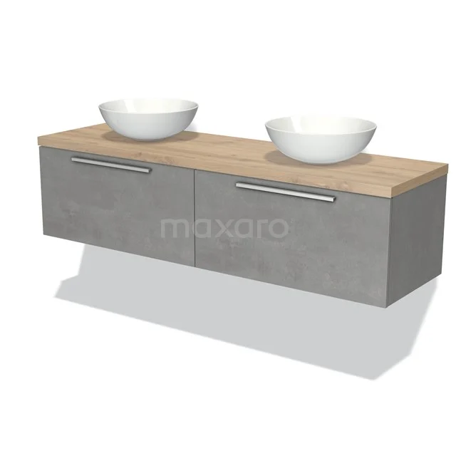 Moderne Badmöbelset mit grauen Schubladen, Holzplatte und zwei weißen Aufsatzwaschbecken, perfekt für ein stilvolles Badezimmer.