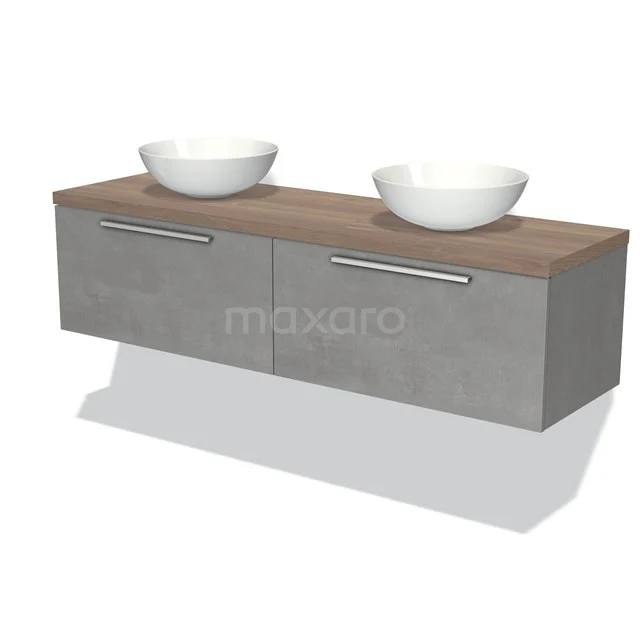 Graues hängendes Badmöbel mit Doppelwaschbecken, Holzplatte und modernen Haltegriffen. Perfekt für stilvolle Bäder.