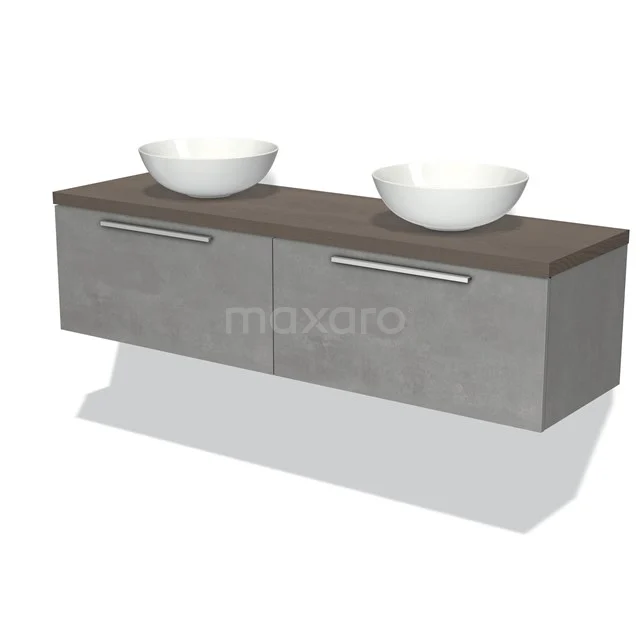 Grauer schwebender Badschrank mit Holzlook Platte, doppeltem Aufsatzwaschbecken und metallischen Haltegriffen; ideal für moderne Badezimmer Renovierung.