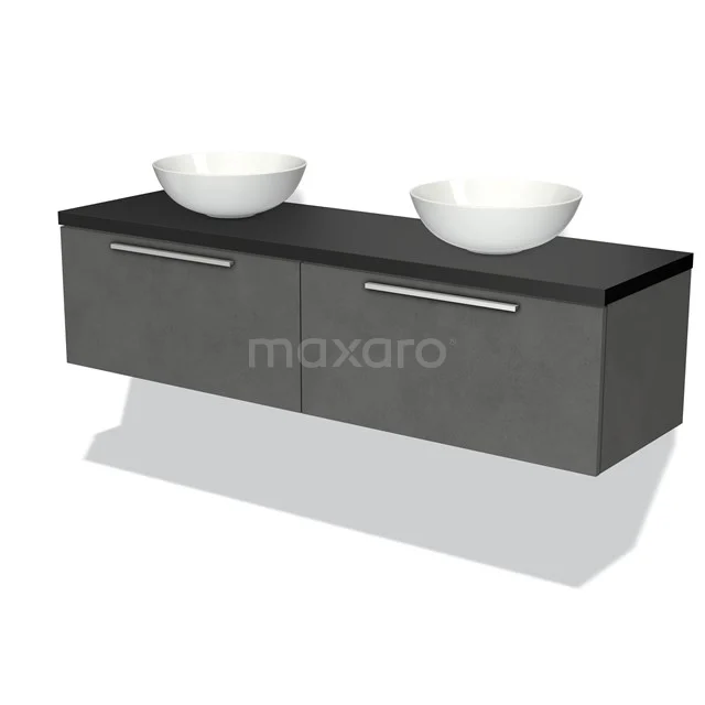 Grau schwebendes Badmöbel mit zwei runden Waschbecken, moderne Ausstrahlung und Betonlook-Oberfläche.