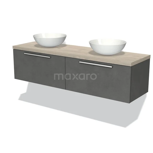 Badmöbel für Waschtischunterschrank mit Konsole 160cm Modulo Plato Dunkelgrauer Beton 2 Schubladen Flach hellgraue Eiche Platte BMK12-01107 Grau hängendes Badezimmermöbel mit Holzoptik Platte, Doppelwaschbecken und metallischen Haltegriffen. Modernes und geräumiges Design.