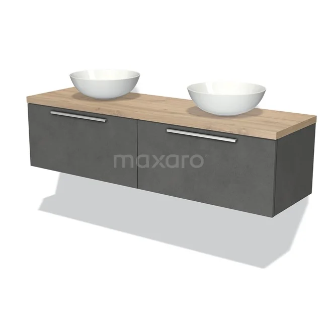 Modernes Badmöbel mit doppelten weißen Aufsatzwaschbecken, grauem mattem Front und Holzlook Platte, perfekt für stilvolle Bäder.