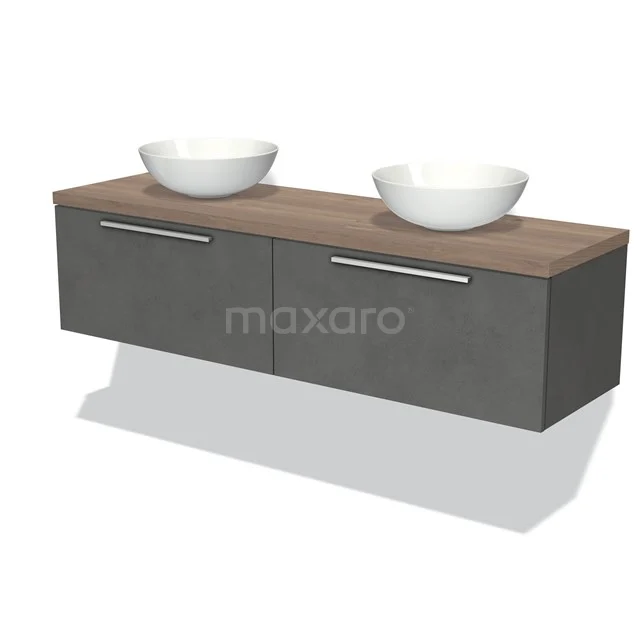 Modulo Plato Vanity units for countertop basin | 160 cm Dark grey concrete Flat front Mid brown oak worktop 2 Side-by-side drawers BMK12-01109