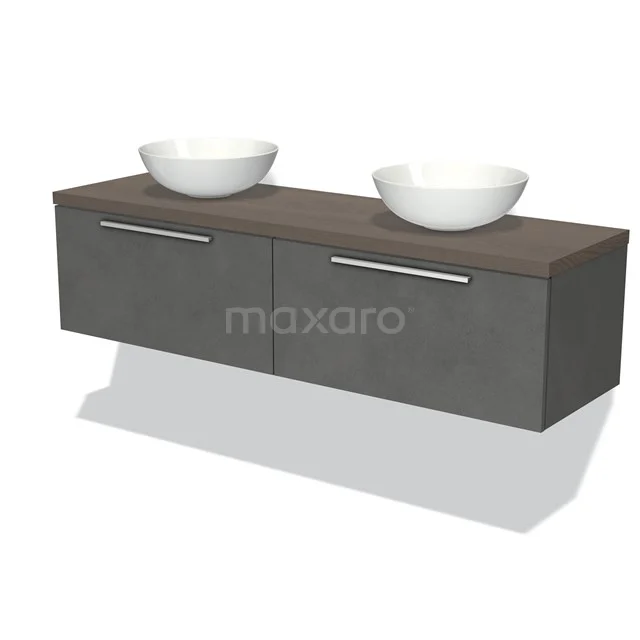 Doppelwaschbecken Möbel in Holzoptik mit grauen Fronten, inklusive zwei weißen Aufsatzwaschbecken, ideal für moderne Bäder.