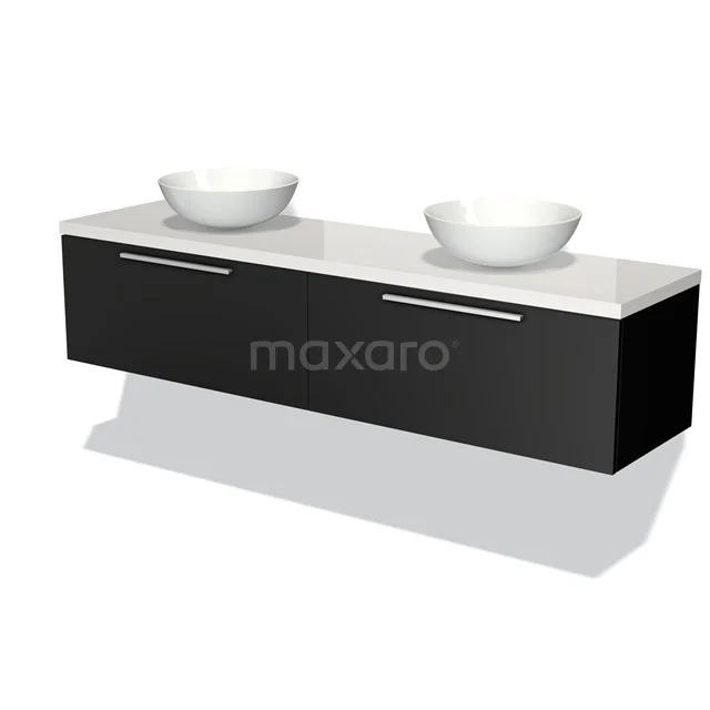Black double vanity unit with white bowls, sleek design, ideal for modern bathrooms.