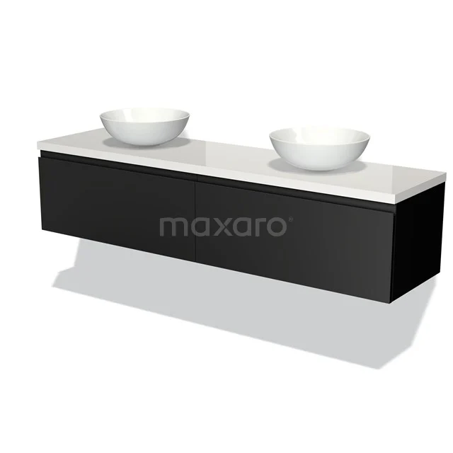 Schwarze Badmöbel mit Doppelwaschbecken, modernes Design, Hochglanz-Oberfläche und keramische Schalen.