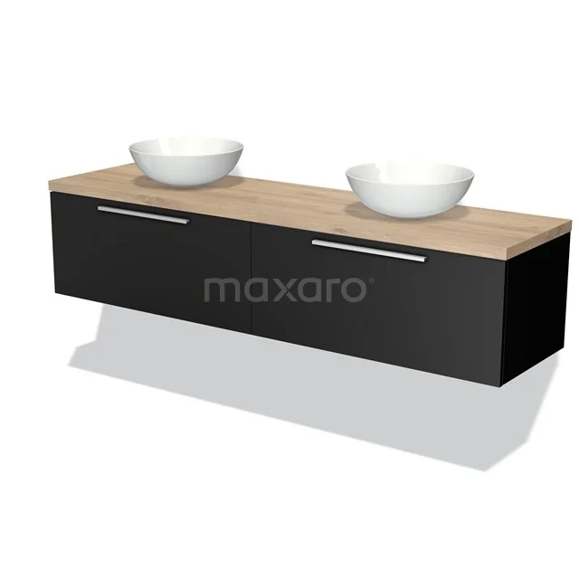 Zwarte wastafelmeubel met eikenhouten blad, twee ronde waskommen en modern design, perfect voor een stijlvolle badkamer.