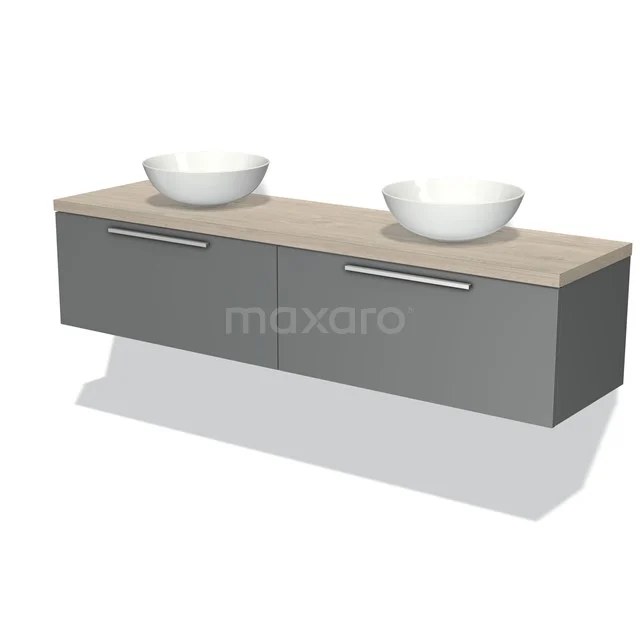 Graue Badmöbelset mit Holzlook Platte und doppelten weißen Aufsatzwaschbecken, modernes Design mit chromatischen Haltegriffen.