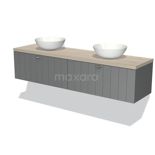 Graues Holz-Badmöbel mit zwei Aufsatzwaschbecken, modernes Design und großzügigem Stauraum. Perfekt für einen klaren Badezimmerstil.