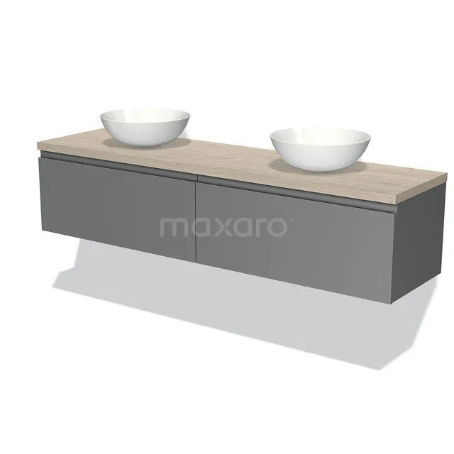 Modulo Plato Badmöbel mit Aufsatzwaschbecken | 180 cm Mittelgrau Grifflos front Hellgraue Eiche blatt 2 nebeneinanderliegende Schubladen BMK12-01134 Grau Badmöbel mit Holzlook Platte und doppelten weißen Aufsatzwaschbecken, modernes Design für stilvolle Badezimmerinrichtung.