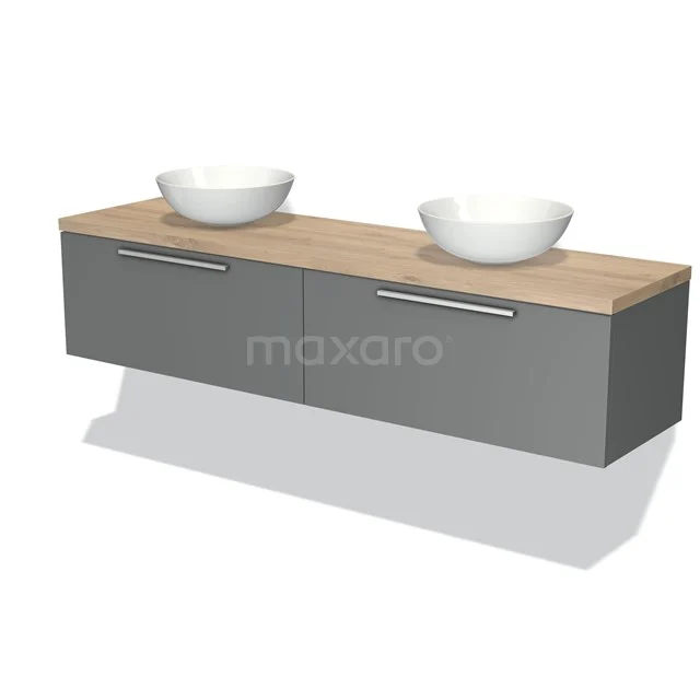 Grau Holz Badmöbel mit zwei weißen, runden Aufsatzwaschbecken; modernes Design mit einer hellen Eichenplatte.