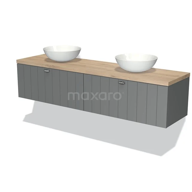 Graues schwebendes Badezimmermöbel mit Holzplatte und zwei weißen Aufsatzwaschbecken, modernes Design für ein stilvolles Badezimmer.