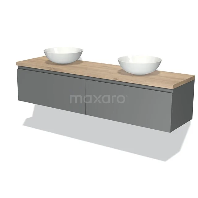 Graues schwebendes Badezimmermöbel mit Holzplatte und doppelten weißen Aufsatzwaschbecken, modernes Design für stilvolle Bäder.