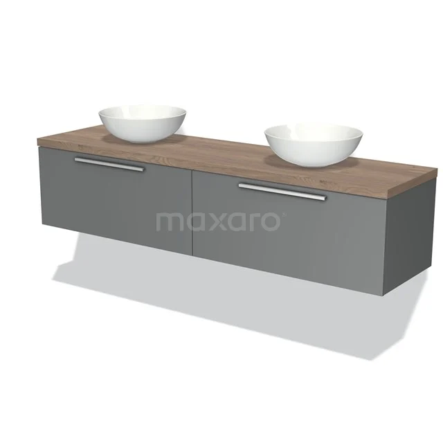 Badmöbel für Aufsatzwaschbecken 180cm Modulo Plato Mittelgrau 2 Schubladen Flach Mittelbraune Eiche Platte BMK12-01138 Graue Badmöbelset mit zwei Waschbecken, Holzplatte und Soft-Close-Schubladen, modernes Design für stilvolle Bäder.