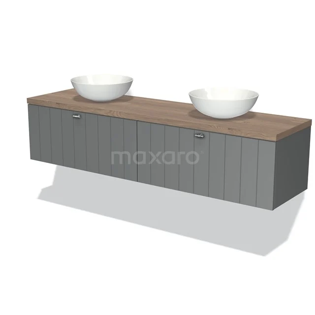 Graue hängende Badmöbelset mit Holzlook Platte, zwei runden weißen Aufsatzwaschbecken und modernen grifflosen Schranktüren.