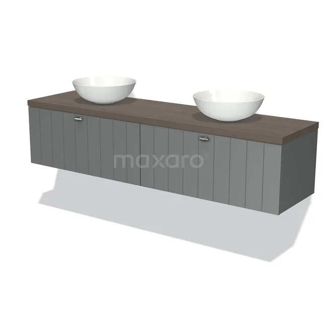 Grau Holz Badmöbel mit doppelten weißen Aufsatzwaschbecken, modernes Design und hängend; ideal für stilvolle Bäder.