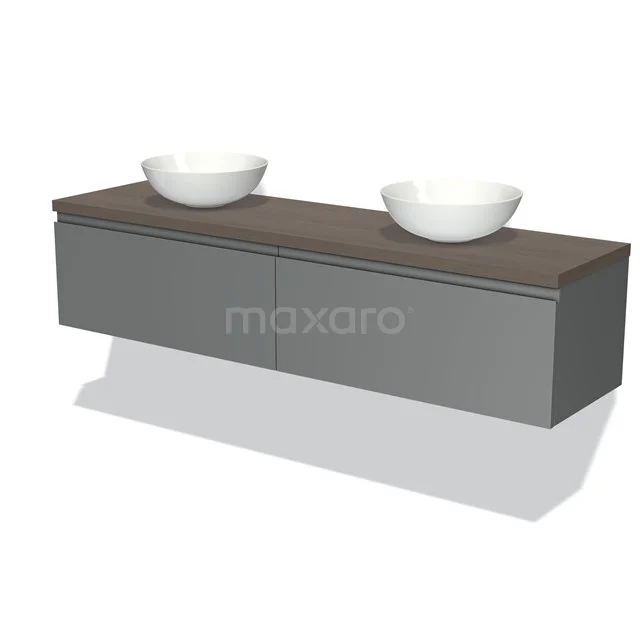 Graue Badmöbelset mit Holzplatte und zwei weißen Aufsatzwaschbecken, schlichtes Design geeignet für moderne Bäder.