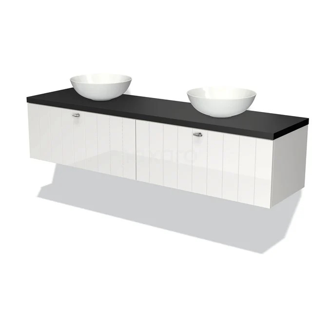 White bathroom unit with black worktop and two ceramic countertop wash basins, modern design, ideal for a stylish double wash basin arrangement.