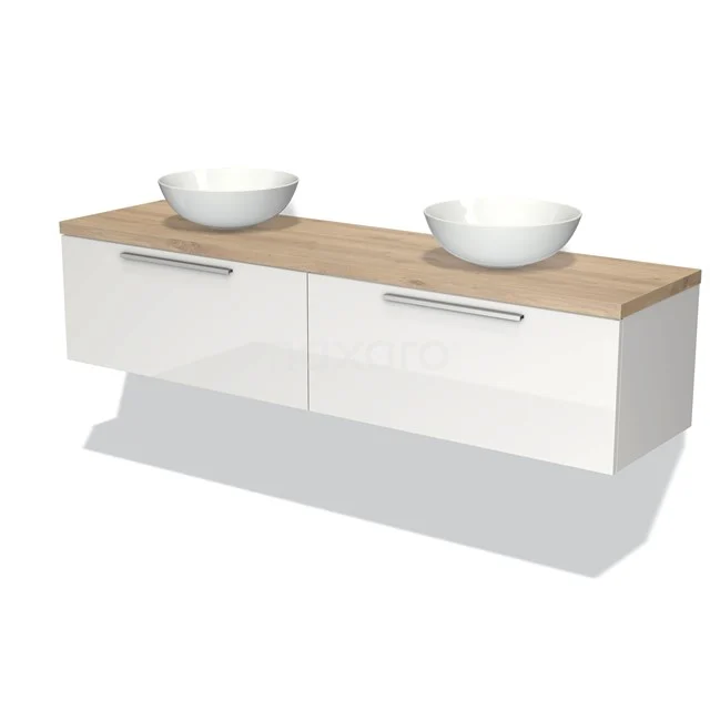 Weiße Badmöbel mit Eichenplatte und zwei runden Aufsatzwaschbecken, modernes Design für ein stilvolles Badezimmer.