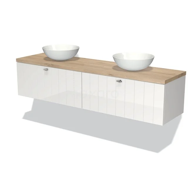 Badkamermeubel voor Waskom 180cm Modulo Plato Hoogglans Wit 2 Lades Lamel Lichtbruin Eiken Blad BMK12-01151