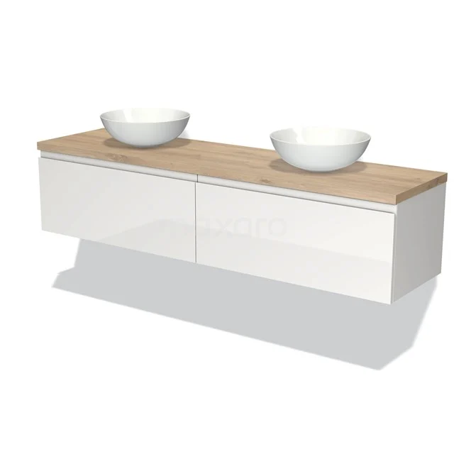 Weißes Badezimmermöbel mit Holzplatte, zwei runden Waschbecken und modernem Design, ideal für eine stilvolle Badezimmer Einrichtung.