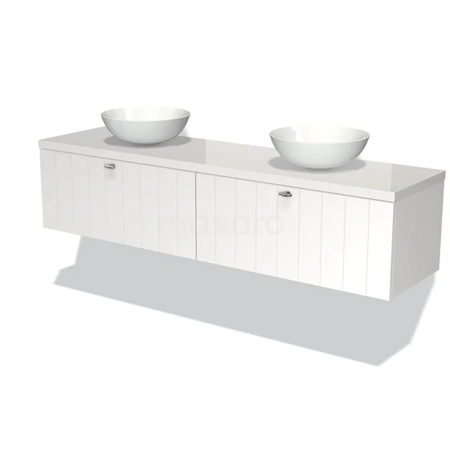 Weißes Badezimmermöbel mit zwei Waschbecken, hängendem Design, glatter Oberfläche und doppelten Schubladen für ein modernes Badezimmer.