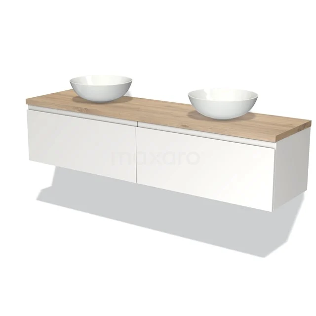 Wit hangend badkamermeubel met houten blad, dubbele wastafel en modern design, ideaal voor een stijlvolle badkamerruimte.