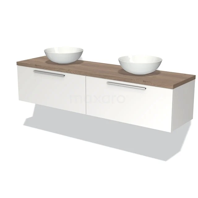 Modulo Plato Vanity units for countertop basin | 180 cm Matte white Flat front Mid brown oak worktop 2 Side-by-side drawers BMK12-01171 White floating bathroom unit with wood veneer worktop, double basins with chrome handles, modern and sleek design.
