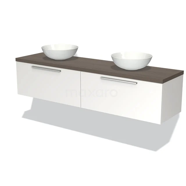 Modulo Plato Vanity units for countertop basin | 180 cm Matte white Flat front Dark brown oak worktop 2 Side-by-side drawers BMK12-01174 White hanging bathroom unit with brown wooden top, two round countertop wash basins and modern metal handles, stylish and practical.
