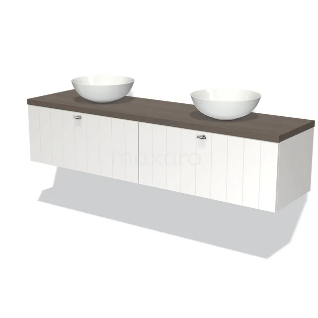 White hanging bathroom unit with two vanity units with basin, dark wood worktop and soft-close doors. Modern design.