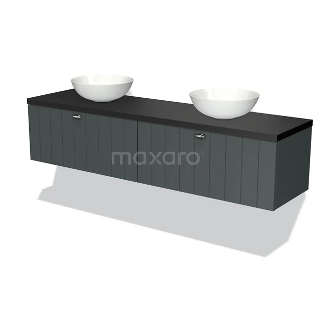 Graue hängende Badmöbelset mit doppelter Waschtischplatte und weißen Schalen, modernes Design und Holzmaserungsmuster.