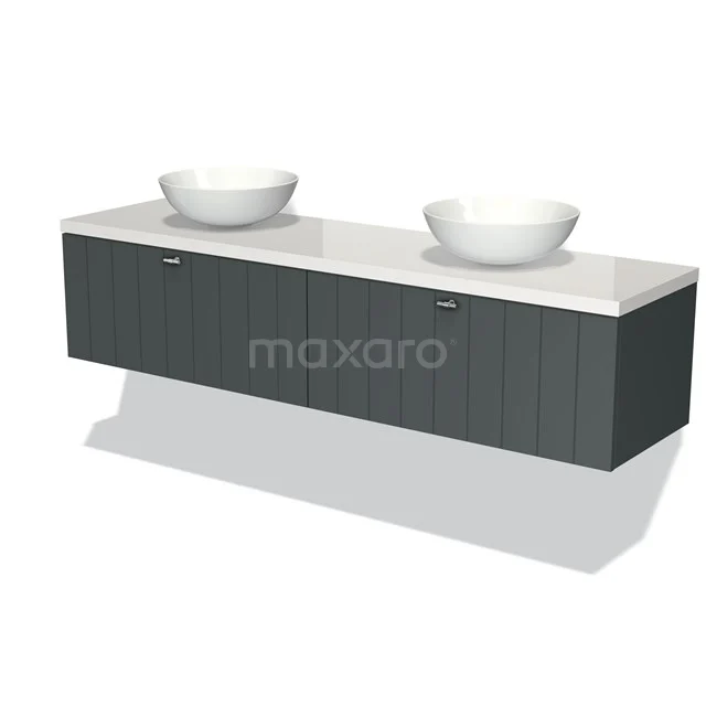 Badmöbel für Waschtischunterschrank mit Konsole 180cm Modulo Plato Dunkelgrau 2 Schubladen Lamelle Hochglanz Weiß Platte BMK12-01181 Dunkelgraue Badmöbelset mit zwei runden keramischen Waschbecken, hängendem Design und Holzmaserungsmuster.