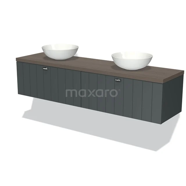 Badmöbel für Waschtischunterschrank mit Konsole 180cm Modulo Plato Dunkelgrau 2 Schubladen Lamelle Dunkelbraune Eiche Platte BMK12-01193 Graues Holz-Badmöbel mit doppelter Waschtischplatte und weißen Schalen, elegantes Design für moderne Bäder.