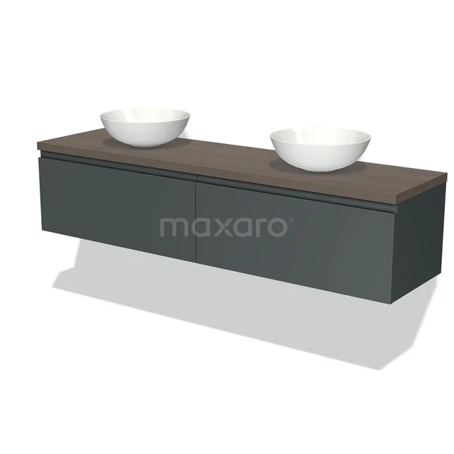 Modulo Plato Badmöbel mit Aufsatzwaschbecken | 180 cm Dunkelgrau Grifflos front Dunkelbraune Eiche blatt 2 nebeneinanderliegende Schubladen BMK12-01194 Dunkelgrauer Badschrank mit Holzplatte und doppelten weißen Aufsatzwaschbecken; modernes hängendes Waschtischmöbel für stilvolle Bäder.
