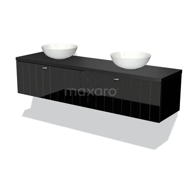 Modulo Plato Vanity units for countertop basin | 180 cm High-gloss black Slat front Matte black worktop 2 Side-by-side drawers BMK12-01196 Black bathroom furniture set with double basin, modern design, high-gloss finish and ample storage options for the bathroom.