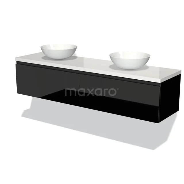 Badmöbel für Aufsatzwaschbecken 180cm Modulo Plato Hochglanz Schwarz 2 Schubladen Grifflos Hochglanz Weiß Platte BMK12-01200 Schwarze schwebende Badmöbelset mit Doppelwaschbecken, modernes Design und Hochglanzoberfläche.