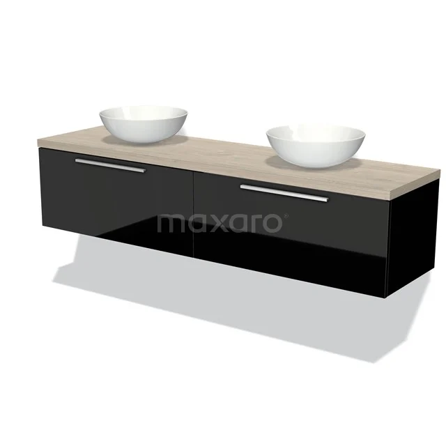 Modulo Plato Badmöbel mit Aufsatzwaschbecken | 180 cm Hochglanz Schwarz Flach front Hellgraue Eiche blatt 2 nebeneinanderliegende Schubladen BMK12-01201 Schwarzer Badschrank mit Holzplatte, zwei weißen Aufsatzwaschbecken, moderne Wandmontage, ideal für ein stilvolles Badezimmer.